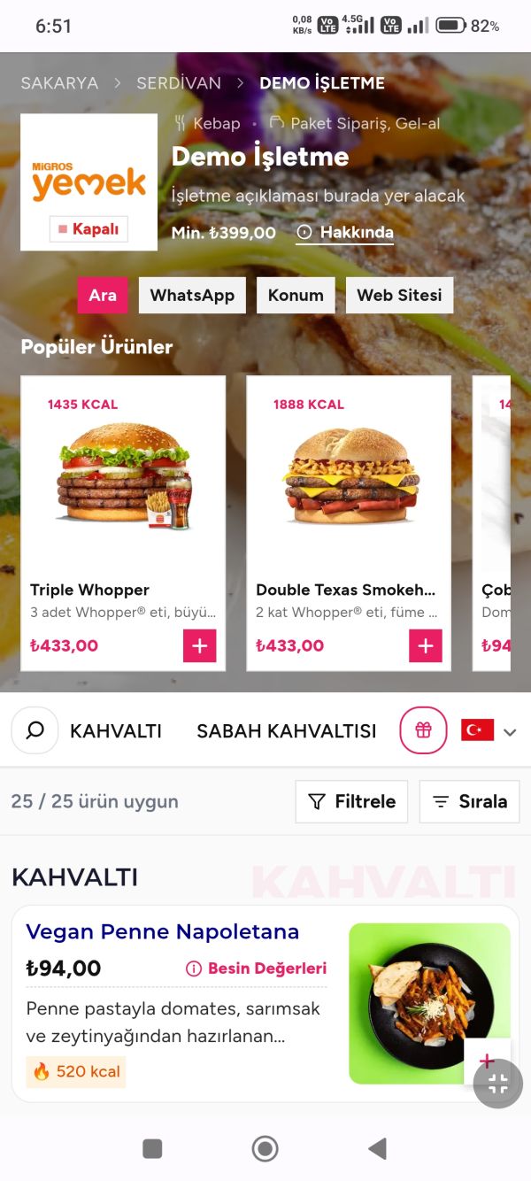 Kare Menü ile açılan bir restoranın QR menü ekranı